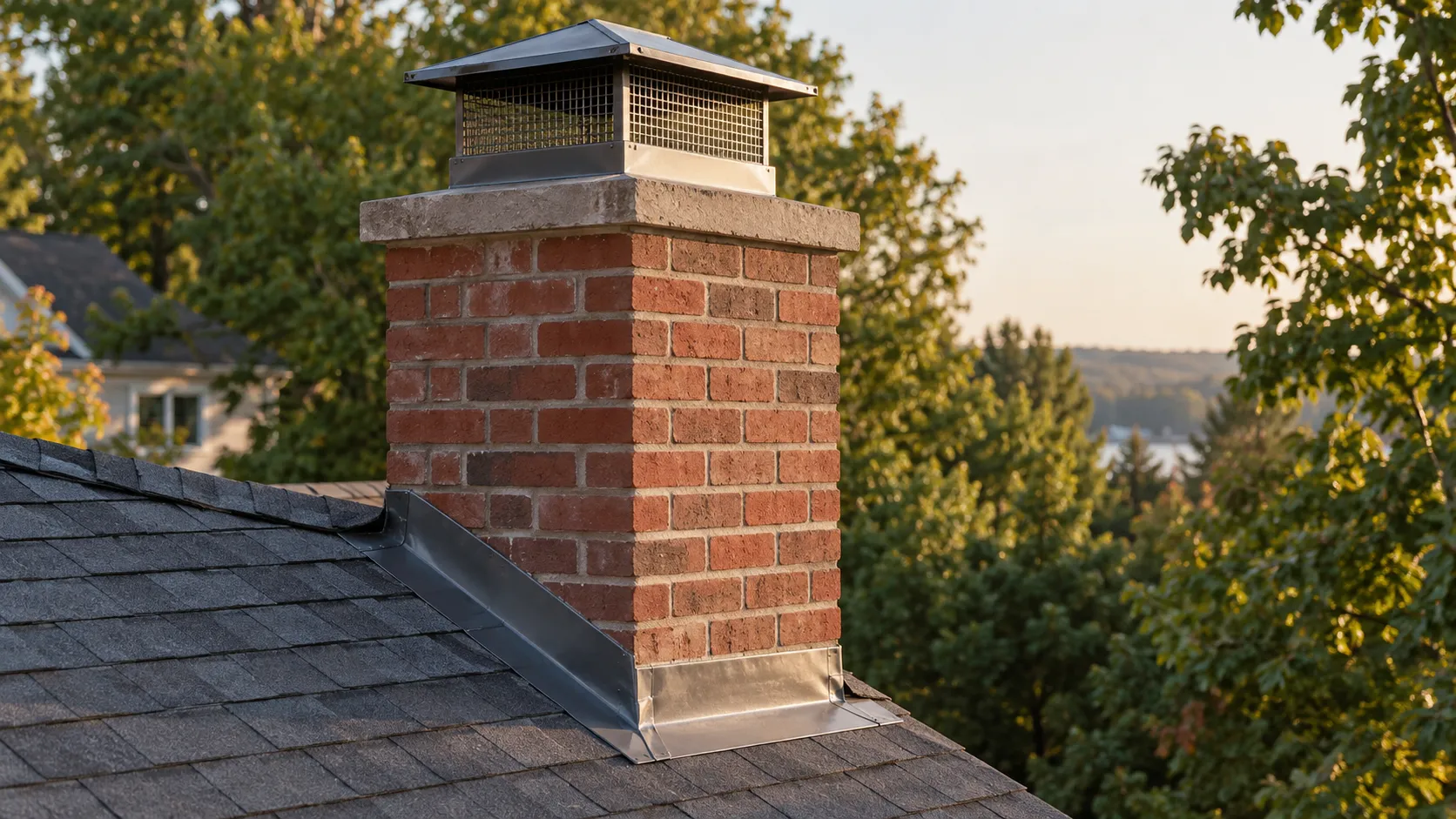 Illustrative close view of brickwork, a chimney cap and flashing at a roof junction